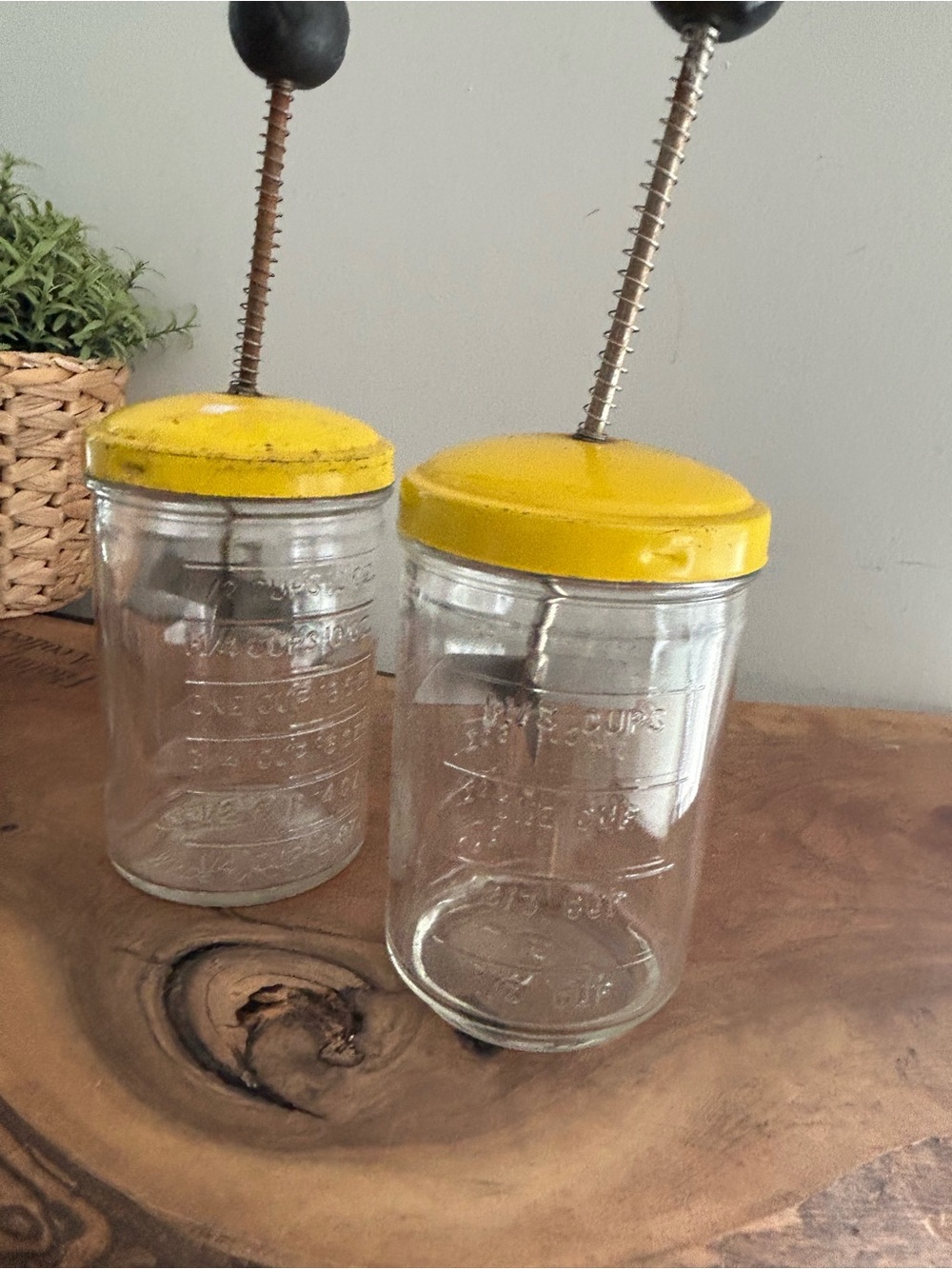 2- Vintage Hazel Atlas Mason Glass Metal Nut Food Chopper Yellow